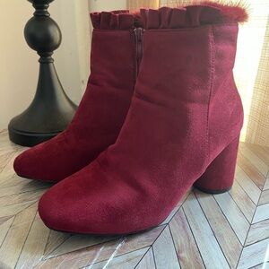 Elegant Weeboo Burgundy  Faux Suede Ankle Boots with Ruffle Trim – Size 6